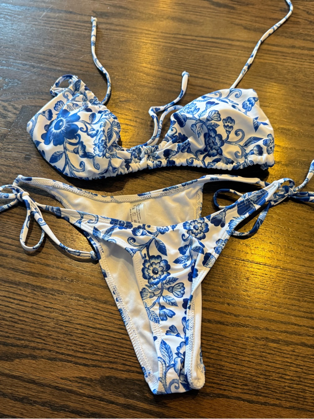 SHEIN White & Blue Floral Tie-Side Bikini Set